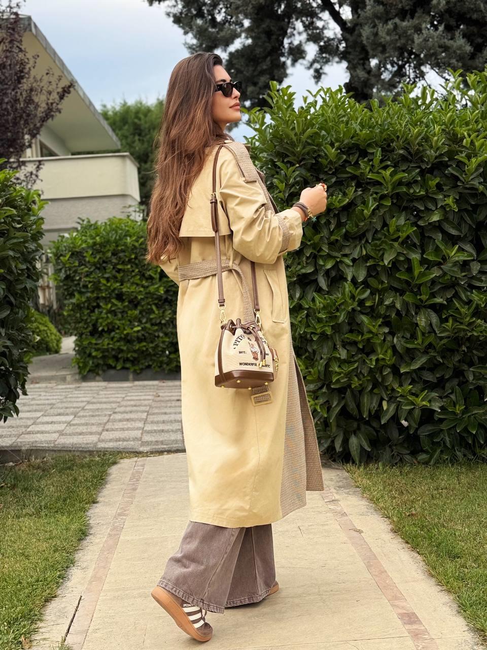 CAMEL EKOSE DESENLİ REGLAN TRENÇ