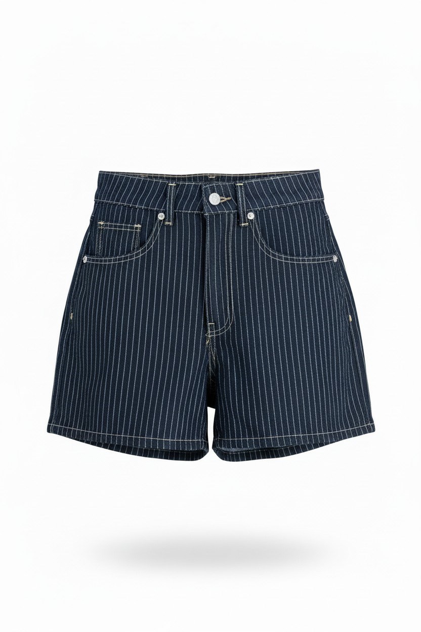 Çizgili Denim Şort Lacivert