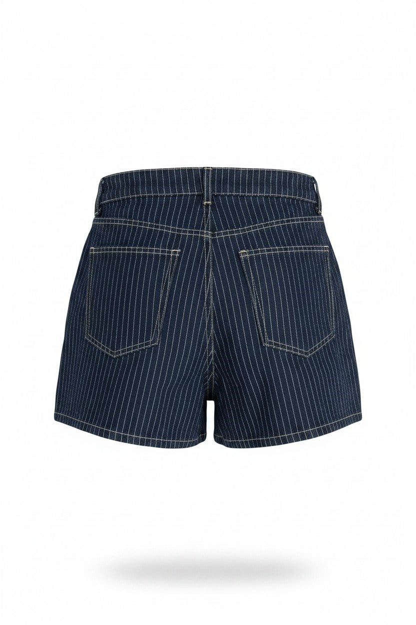 Çizgili Denim Şort Lacivert