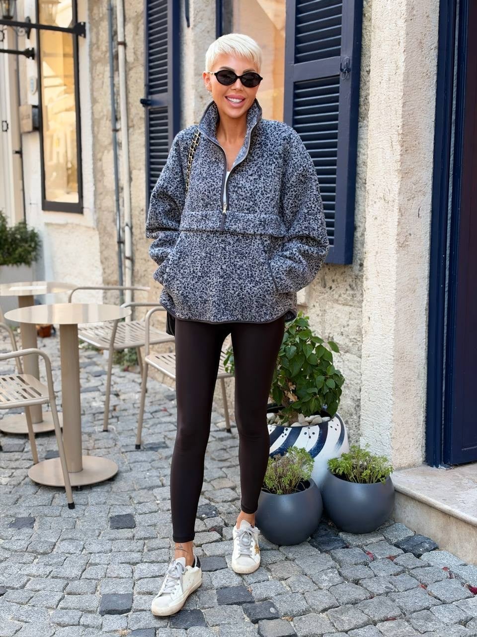 Desenli Dik Yaka Polar Sweatshirt Gri