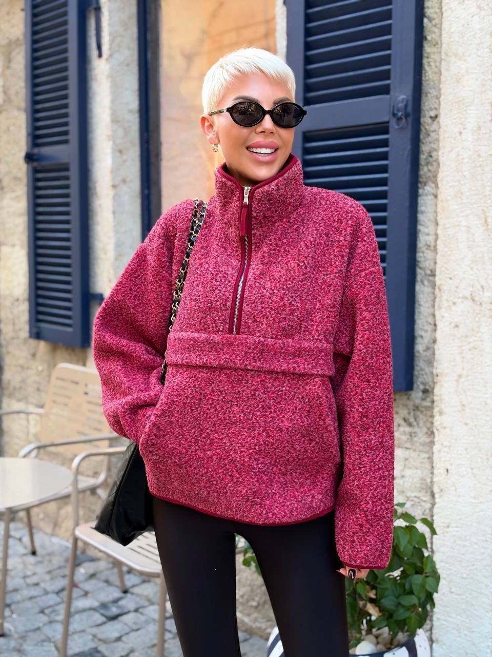 Desenli Dik Yaka Polar Sweatshirt Kırmızı