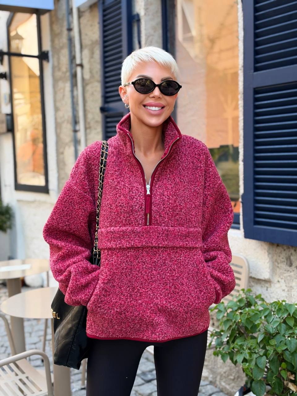 Desenli Dik Yaka Polar Sweatshirt Kırmızı