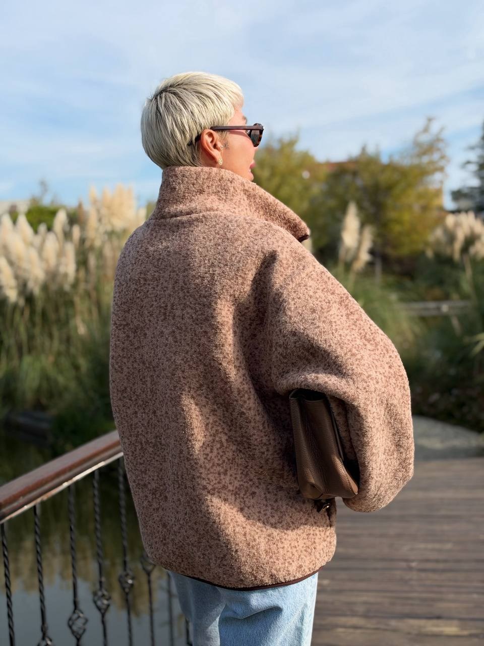 Dik Yaka Benek Desen Polar Sweat Kahve