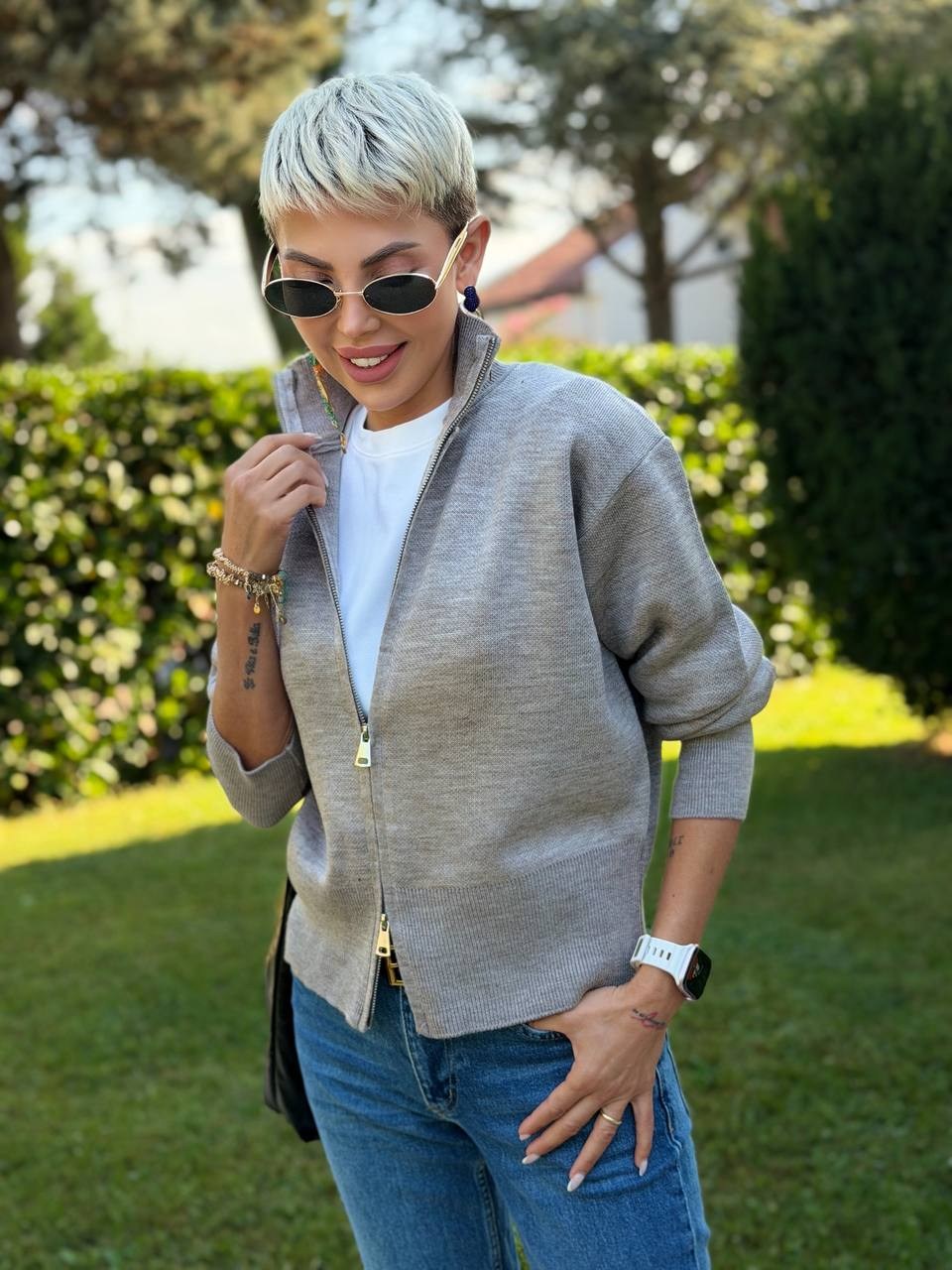 Dik Yaka Çift Fermuarlı Hırka Bej
