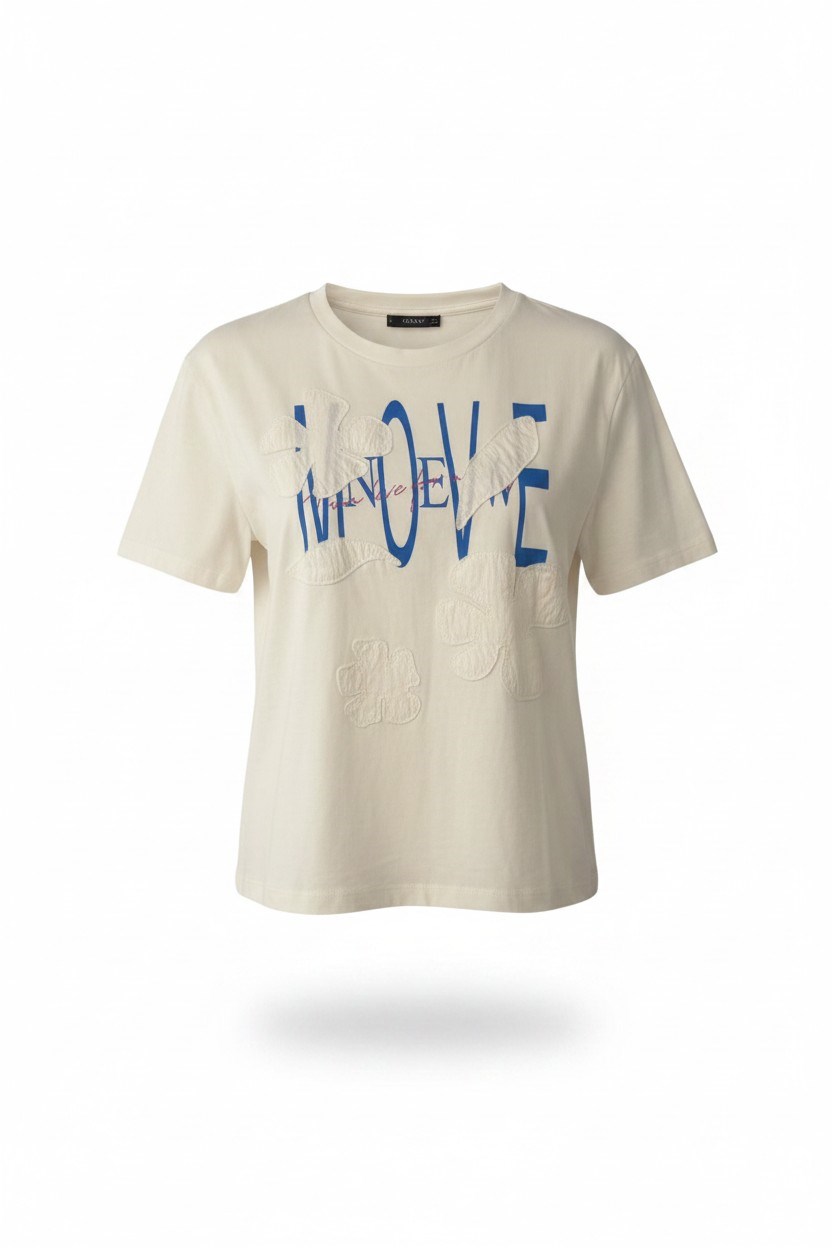 EKRU ÇİÇEK BASKILI BİSİKLET YAKA TSHIRT