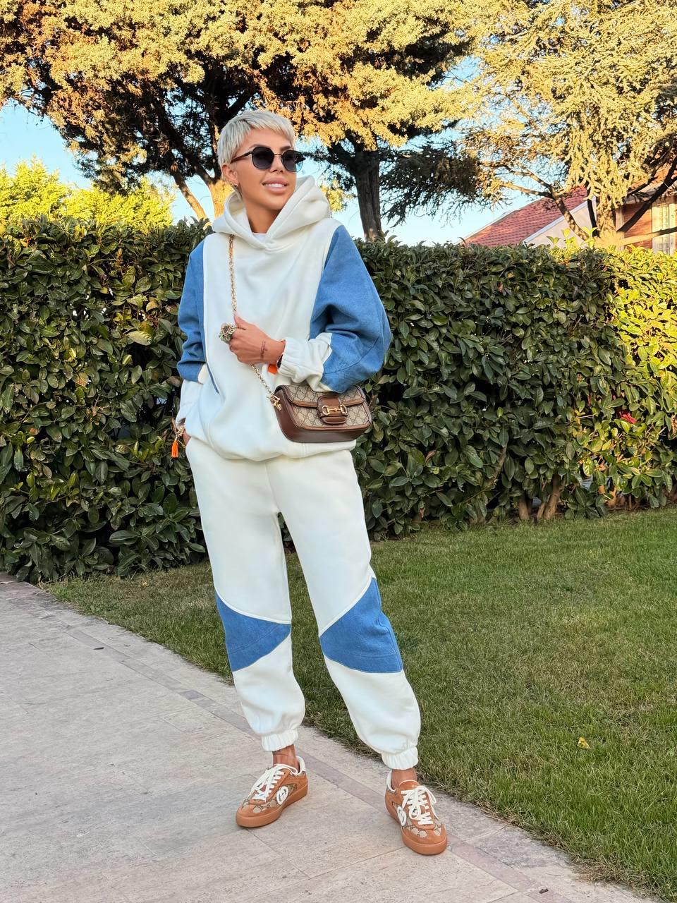 EKRU DENIM DETAY HOODIE JOGGER TAKIM