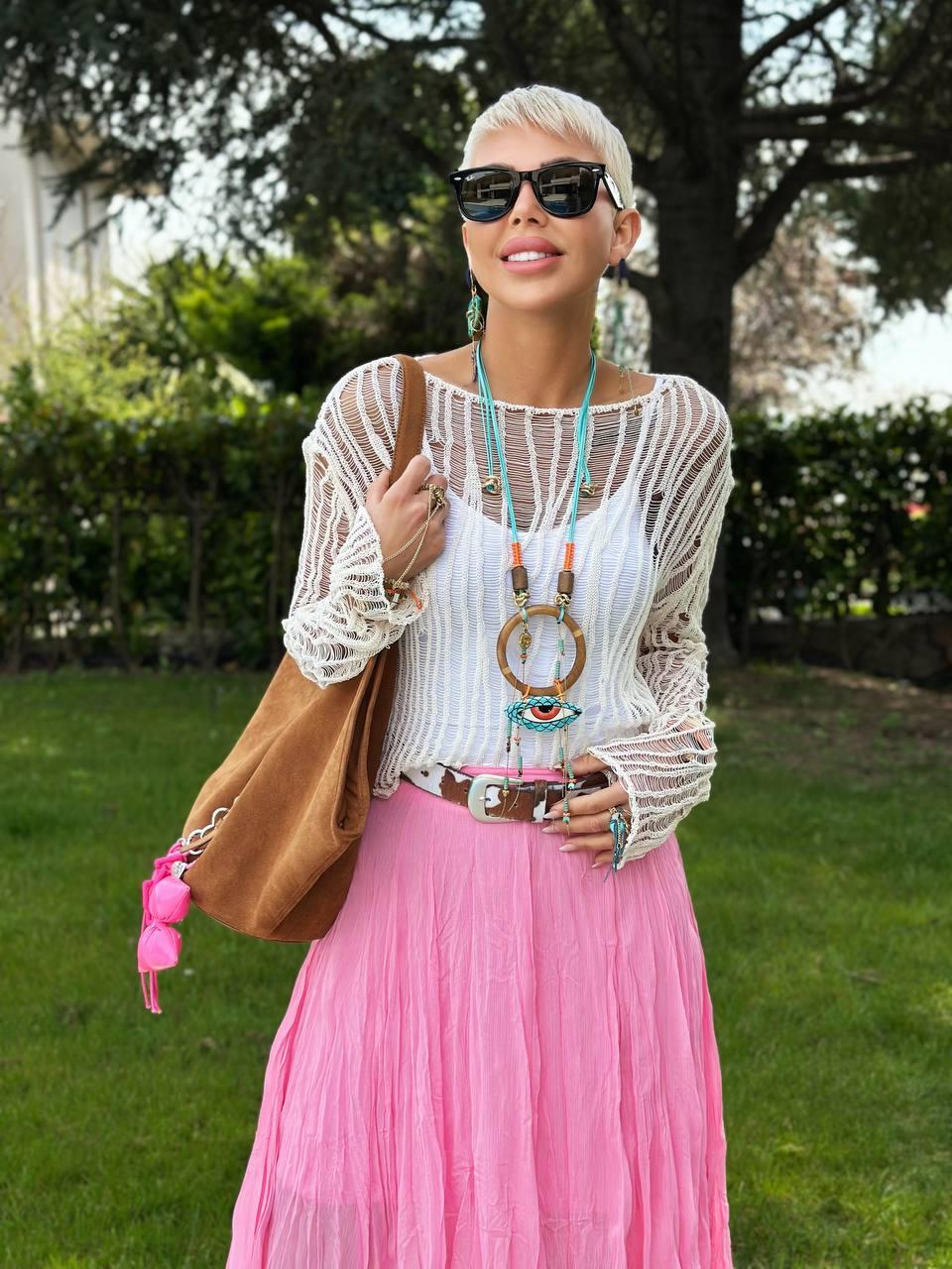 EKRU KESİKLİ AJUR TRİKO BLUZ