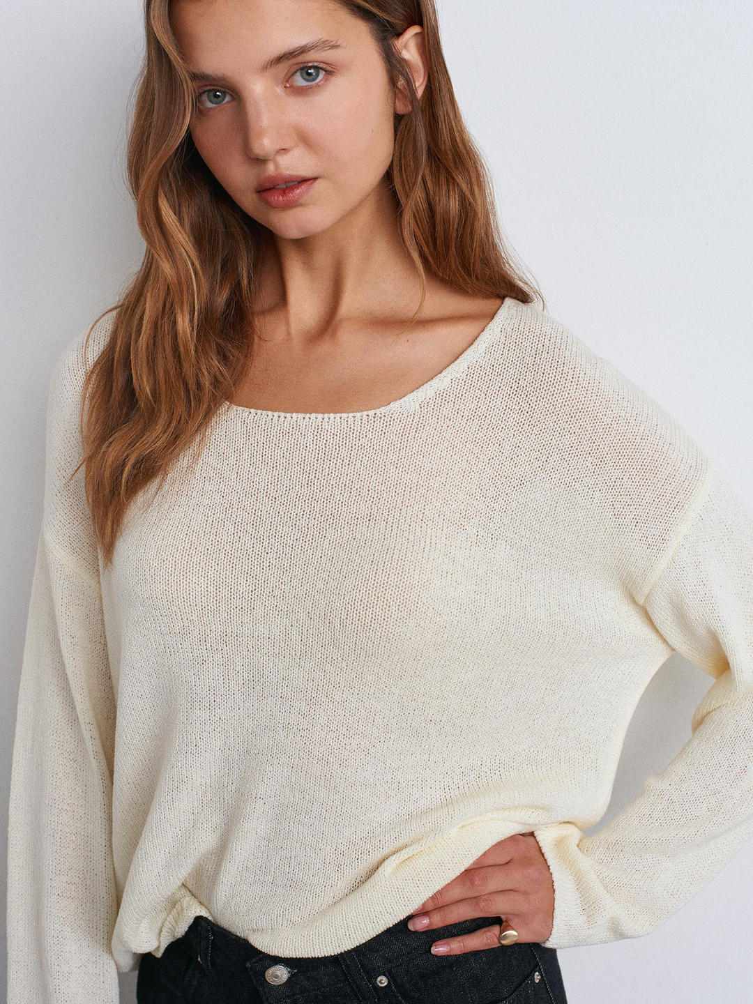 ECRU OVAL-NECK SOFT-TEXTURED KNIT SWEATER