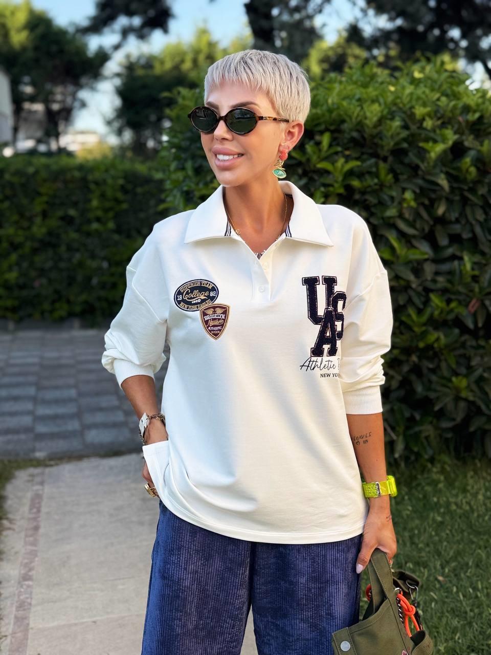 EKRU POLO YAKA COLLAGE BASKILI SWEATSHIRT