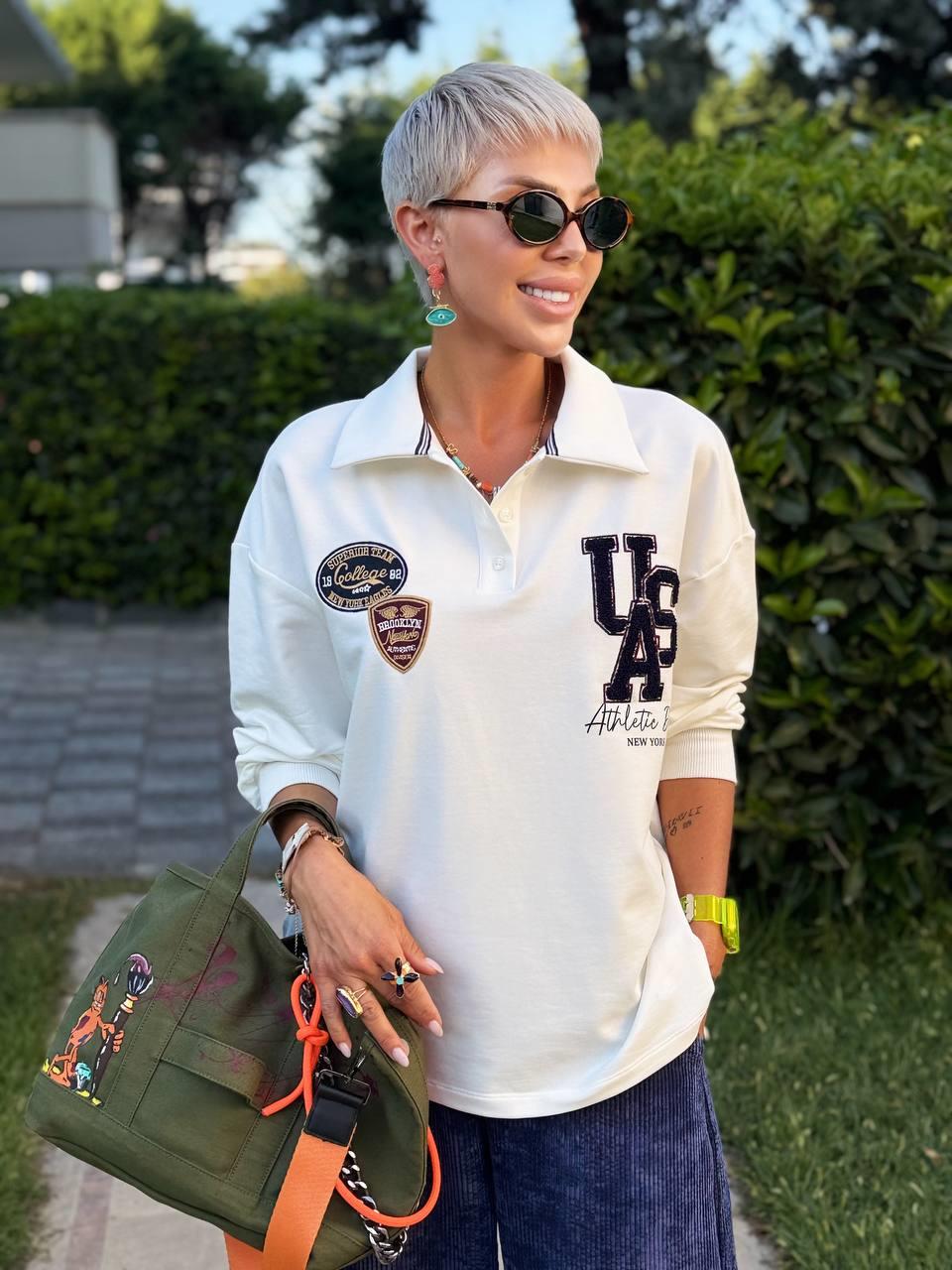 EKRU POLO YAKA COLLAGE BASKILI SWEATSHIRT