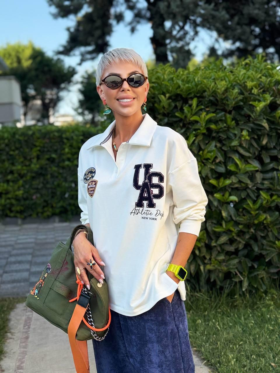 EKRU POLO YAKA COLLAGE BASKILI SWEATSHIRT