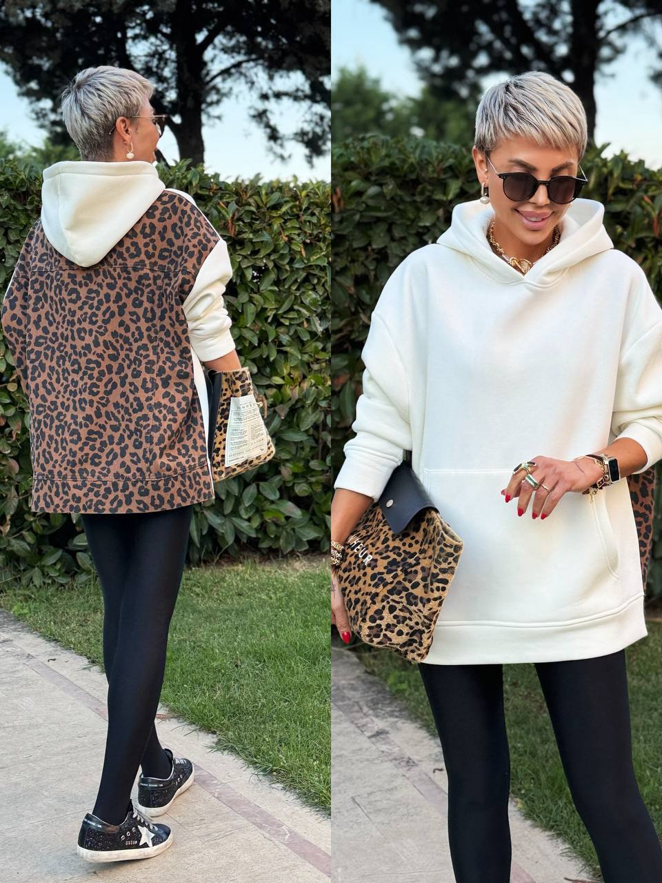 EKRU SIRTI LEOPAR GARNİLİ HOODIE