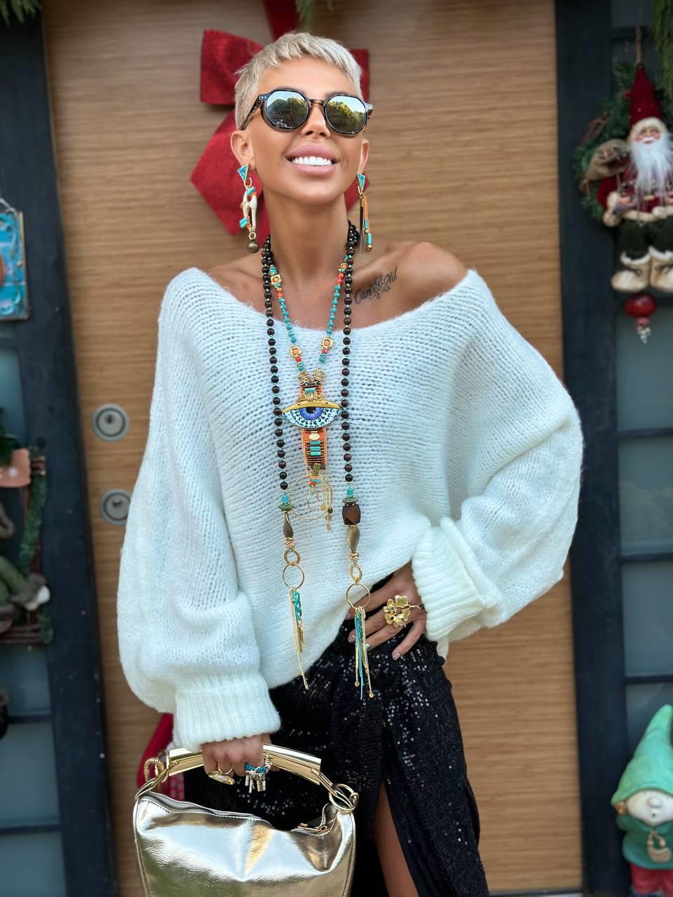 ECRU WOOL-BLEND SWEATER WITH RUCHED SLEEVES