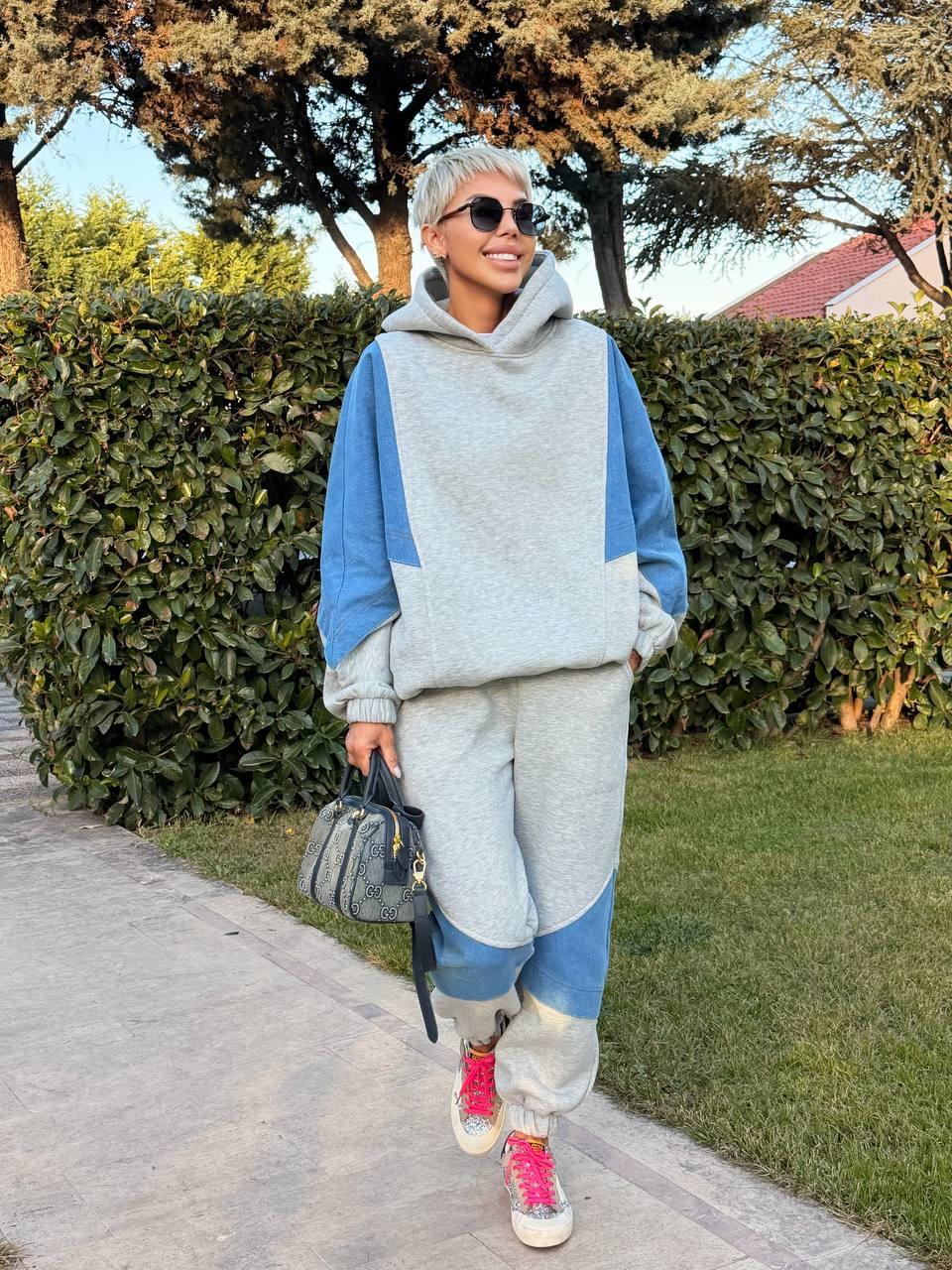 GRİ DENIM DETAY HOODIE JOGGER TAKIM
