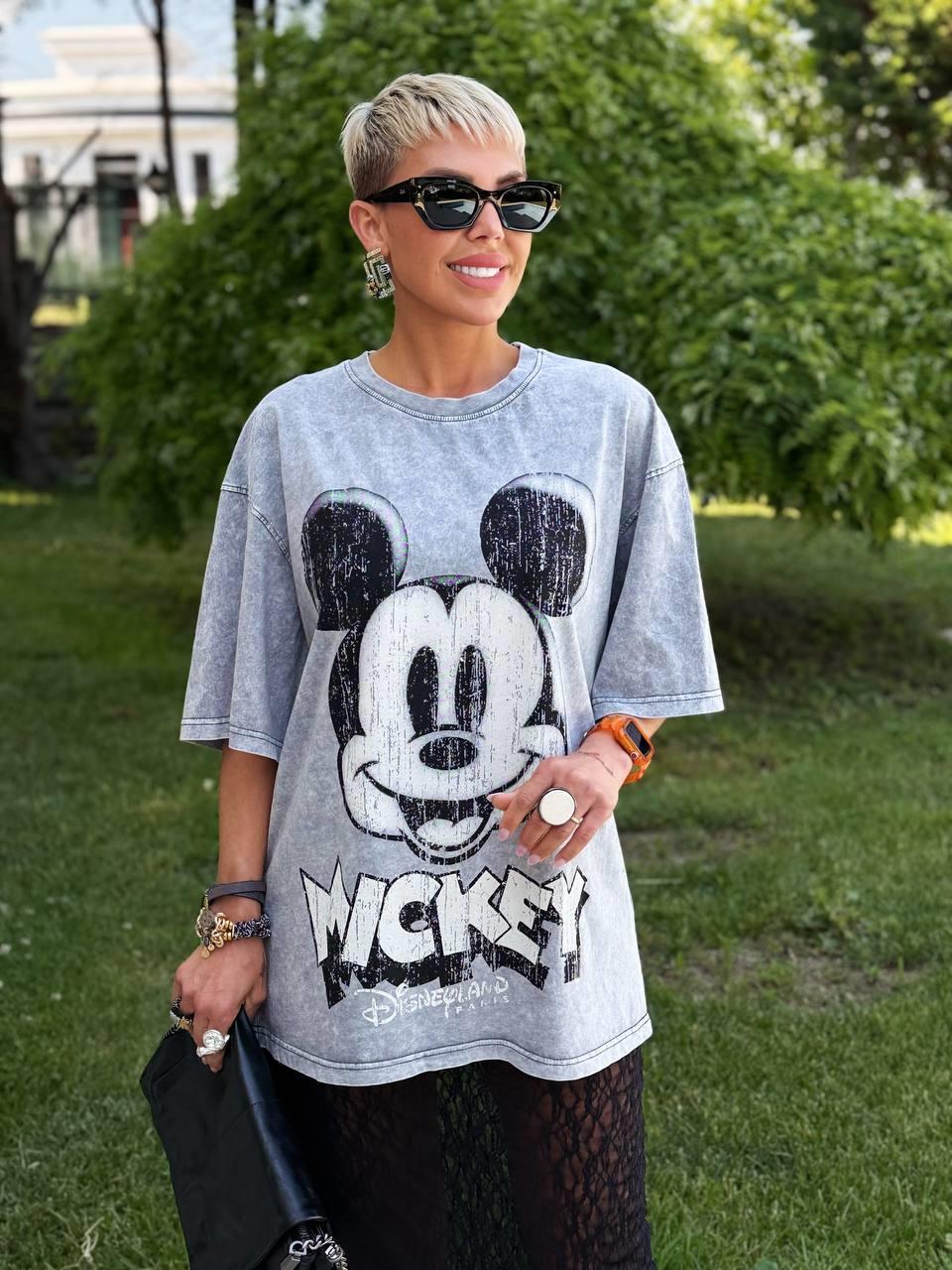 GRİ ESKİTME BASKI MICKEY TSHIRT