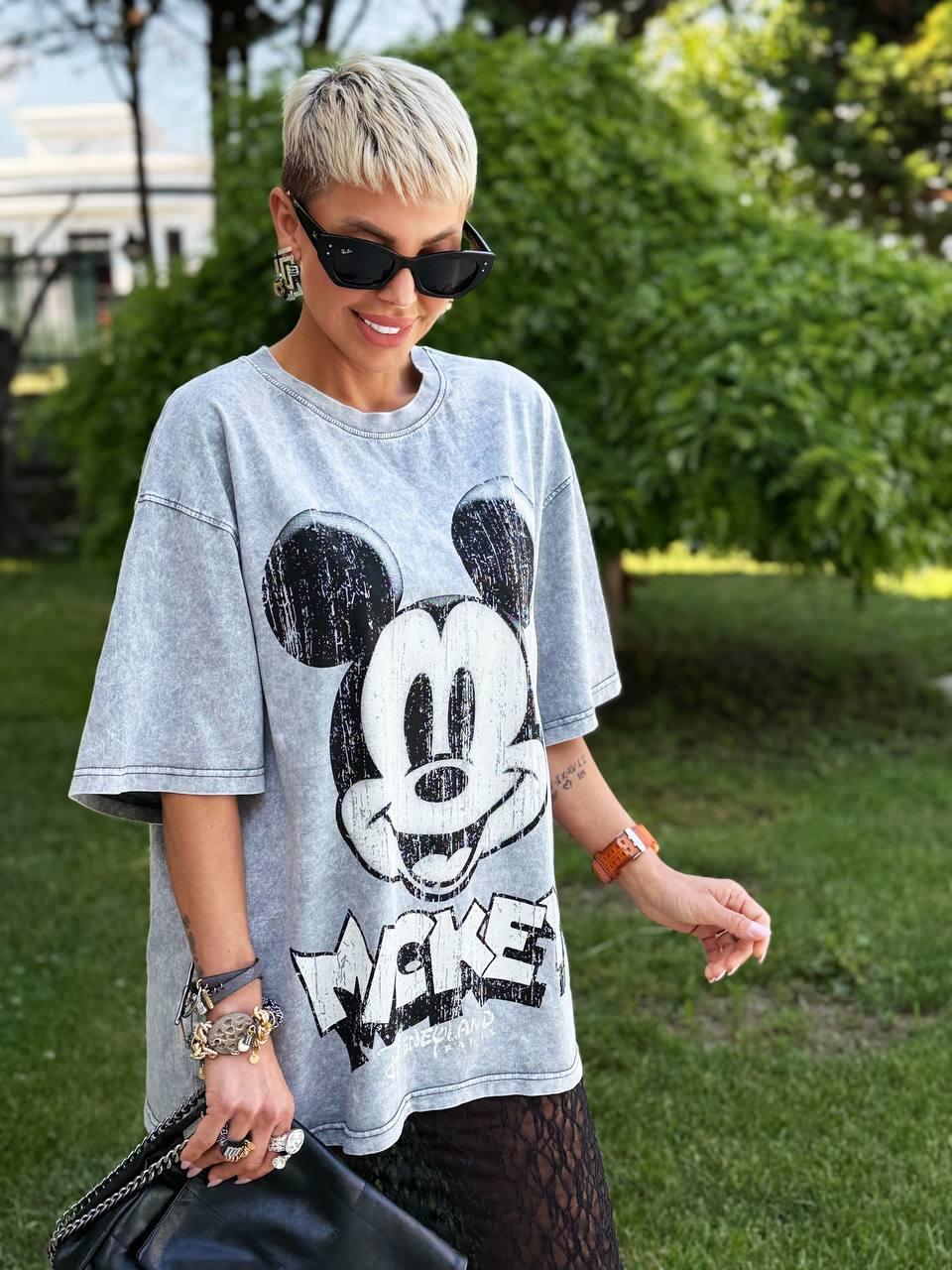 GRİ ESKİTME BASKI MICKEY TSHIRT
