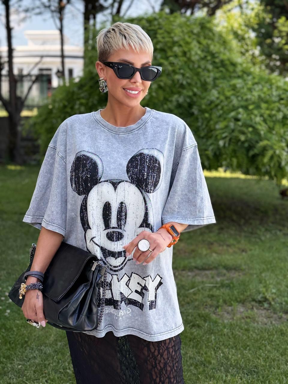 GRİ ESKİTME BASKI MICKEY TSHIRT
