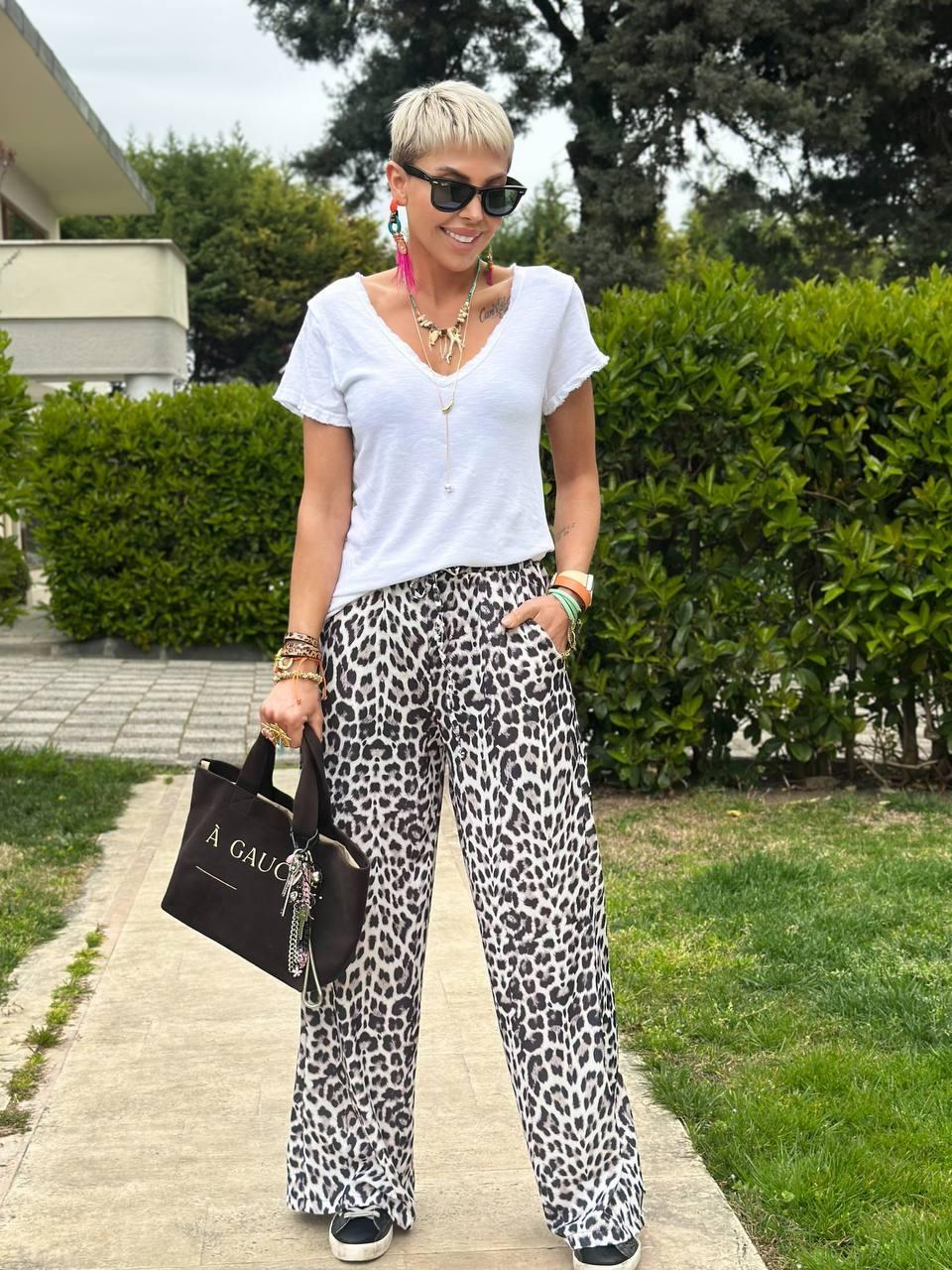GRİ LEOPAR DESEN BELİ LASTİKLİ DÖKÜMLÜ PANTOLON