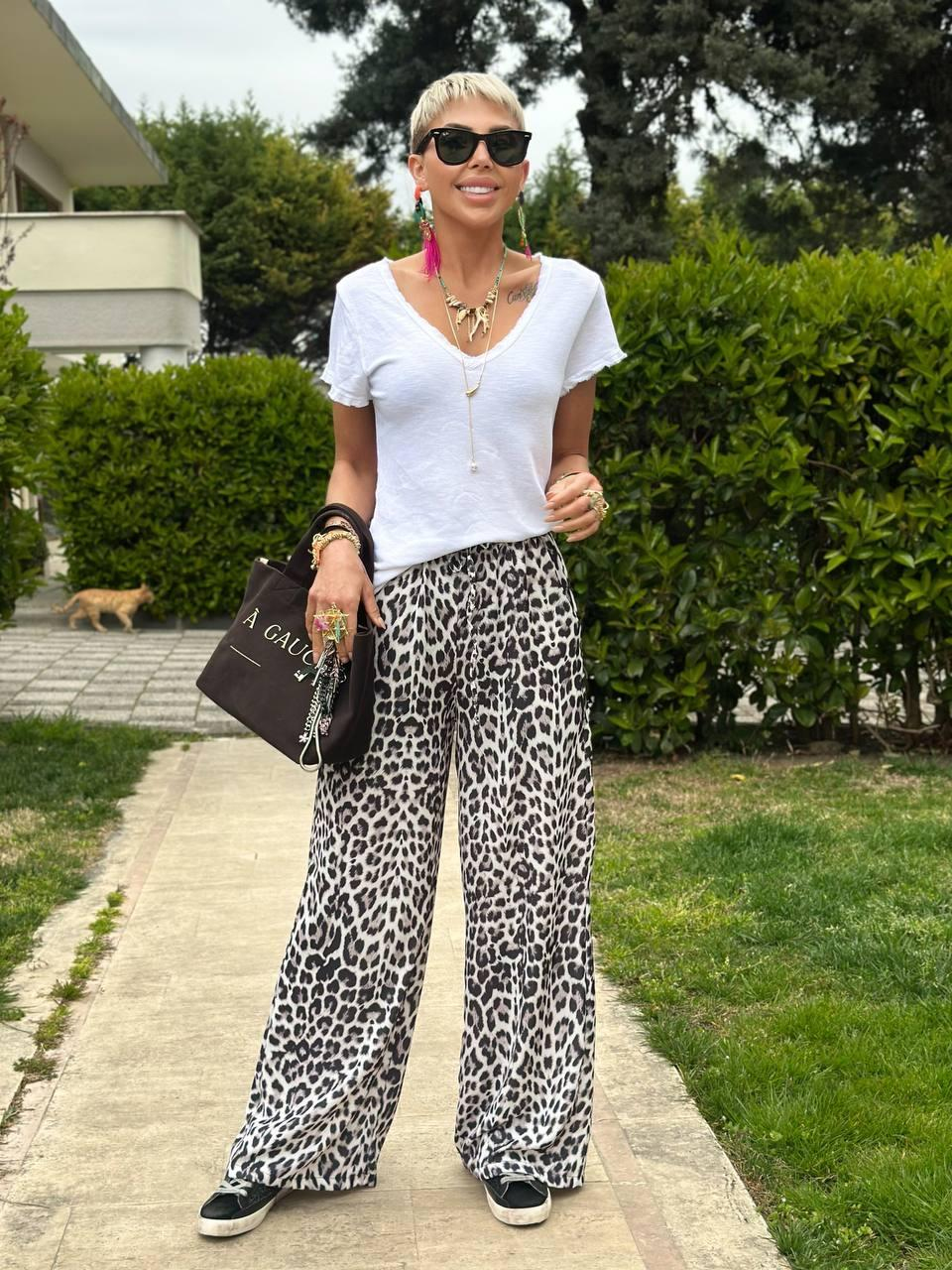 GRİ LEOPAR DESEN BELİ LASTİKLİ DÖKÜMLÜ PANTOLON