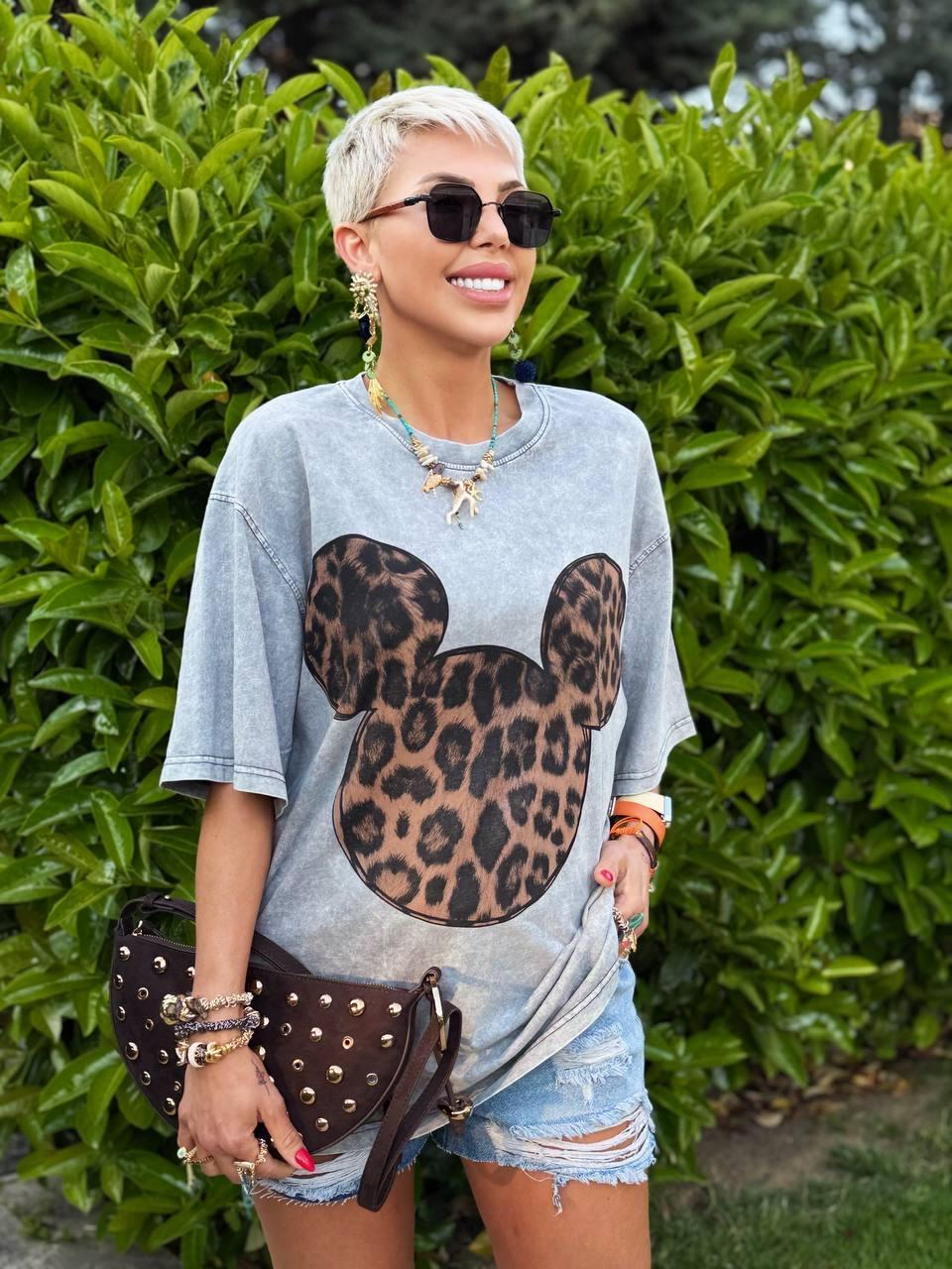 GRİ LEOPAR MICKEY BASKILI OVERSIZE TSHIRT