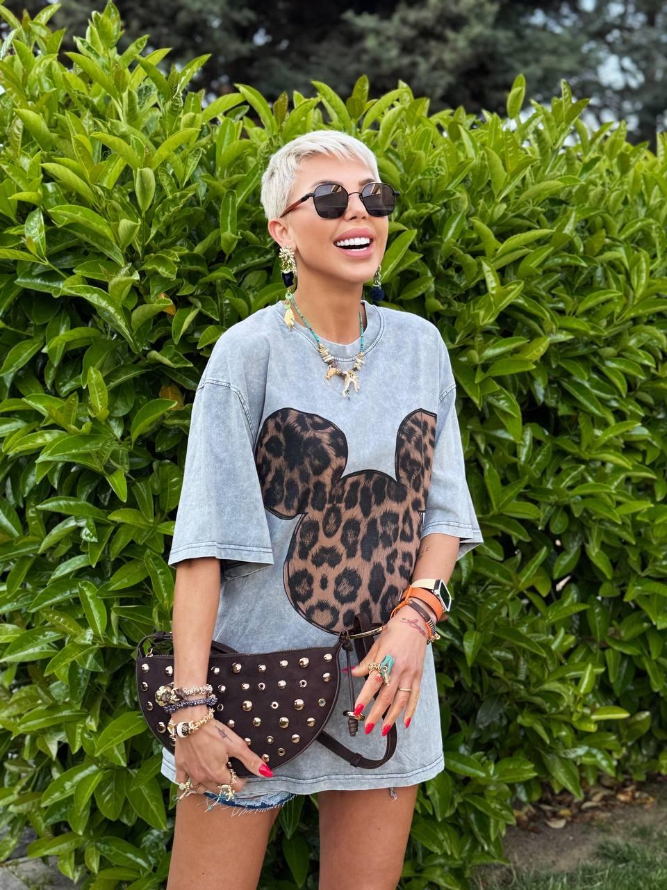 GRİ LEOPAR MICKEY BASKILI OVERSIZE TSHIRT