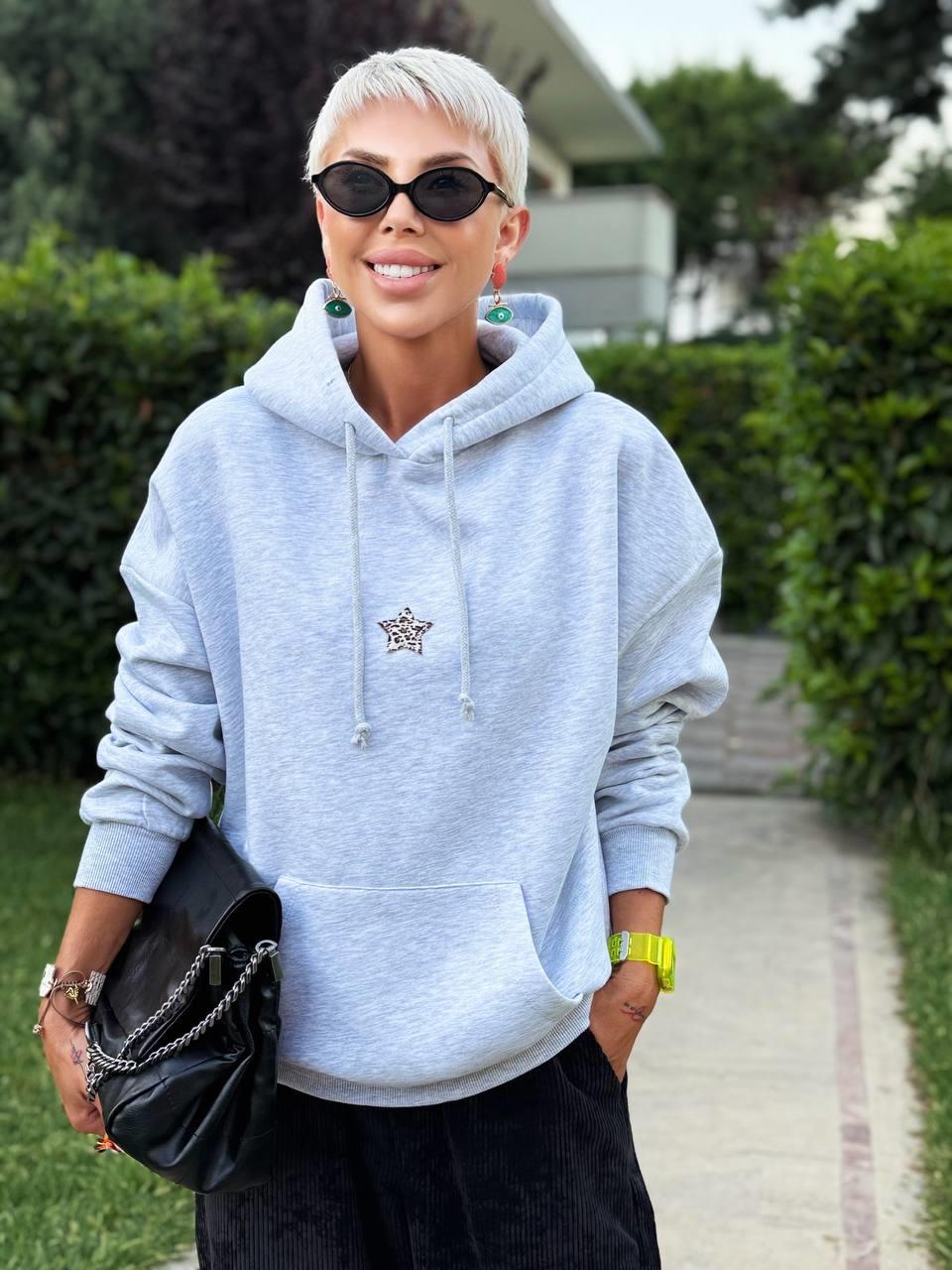 GRİ MELANJ STAR HOODIE