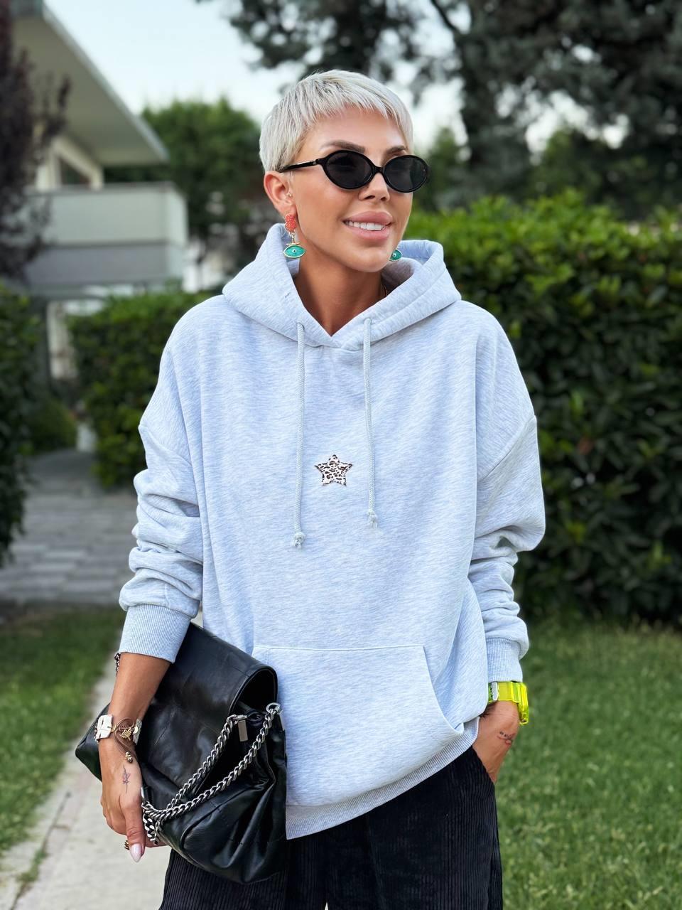 GRİ MELANJ STAR HOODIE