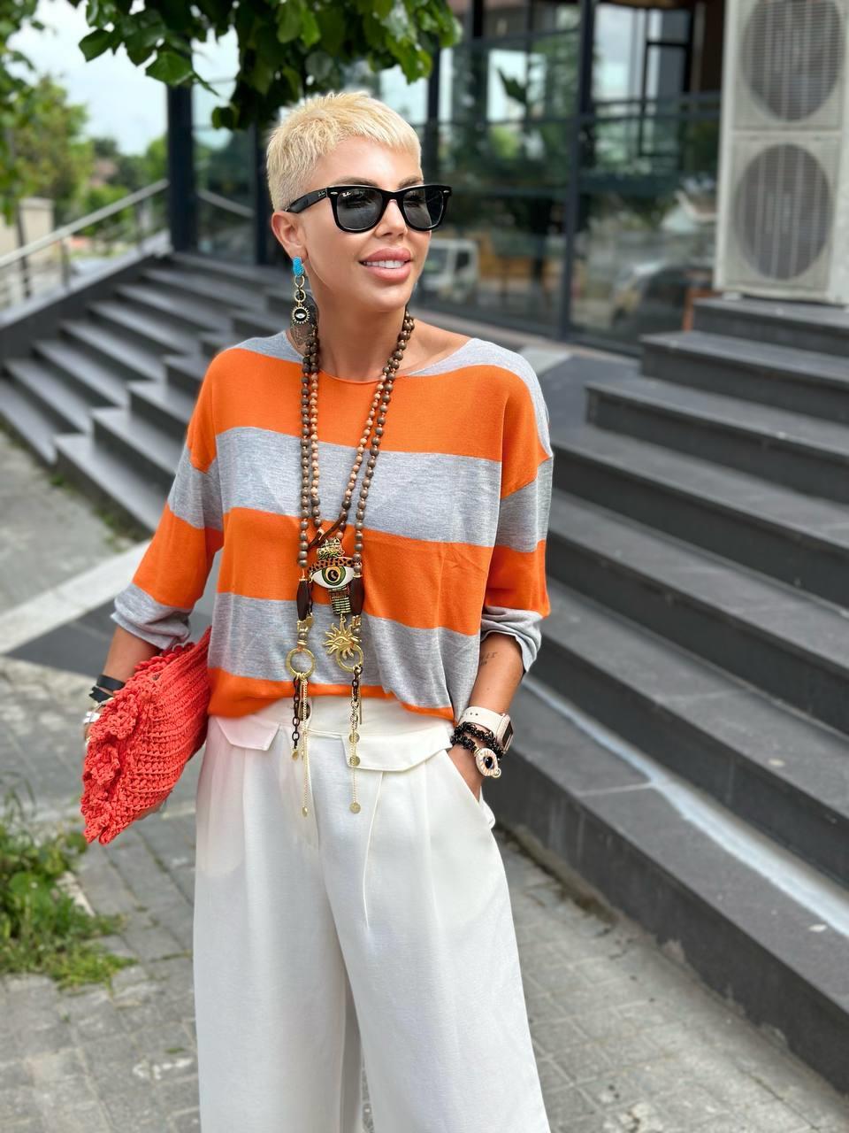 GRİ ORANJ KAYIK YAKA ÇİZGİLİ MERSERİZE