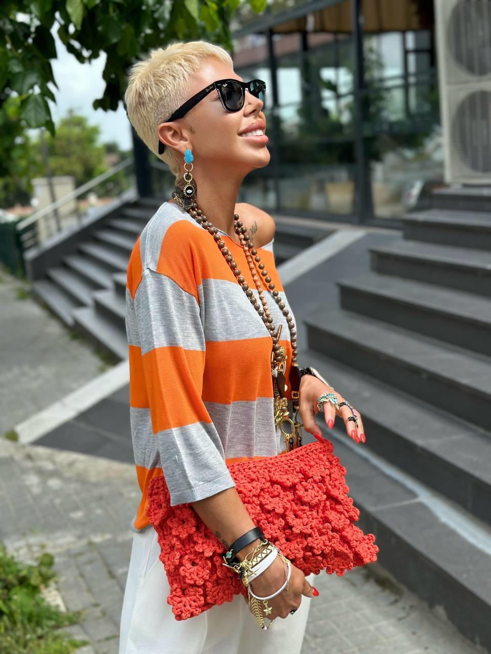 GRİ ORANJ KAYIK YAKA ÇİZGİLİ MERSERİZE