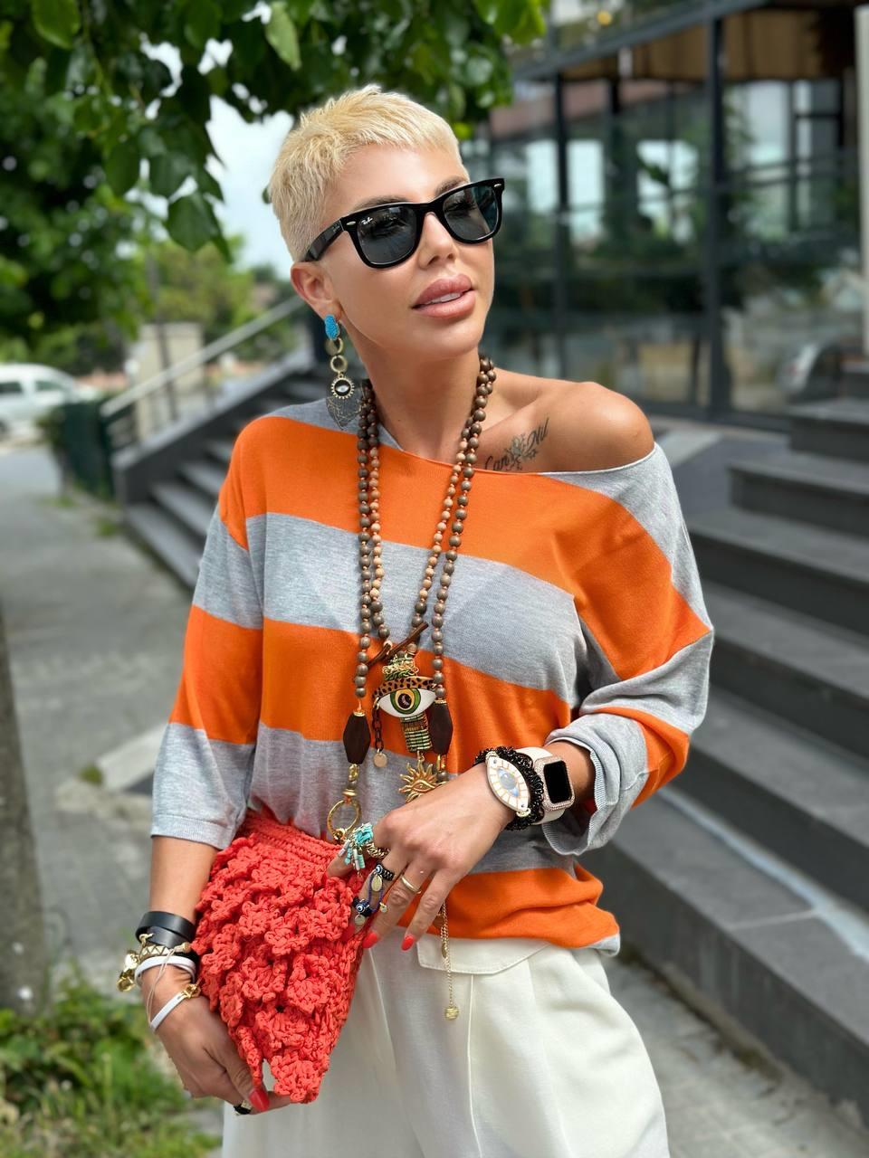 GRİ ORANJ KAYIK YAKA ÇİZGİLİ MERSERİZE