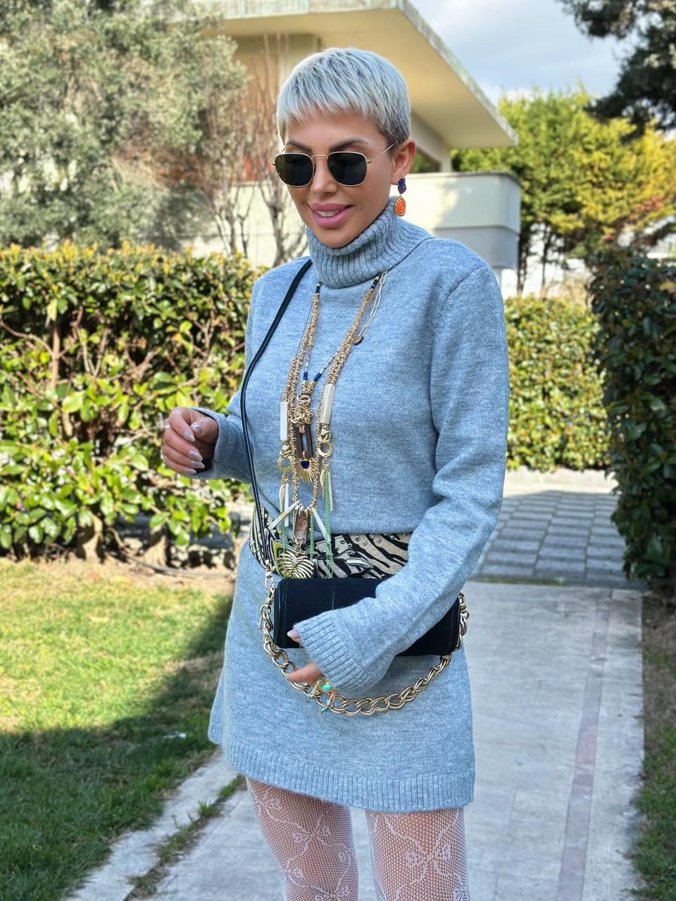 GRİ RENK BALIKÇI YAKA TRİKO ELBİSE