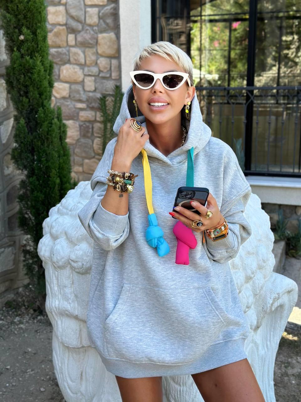 GRİ S.STUDIO RENKLİ İPLİ HOODIE