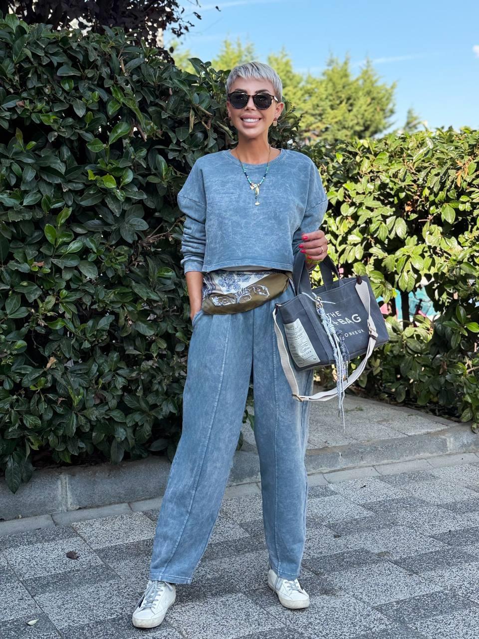 GRAY WASHED CROP PANTS SET