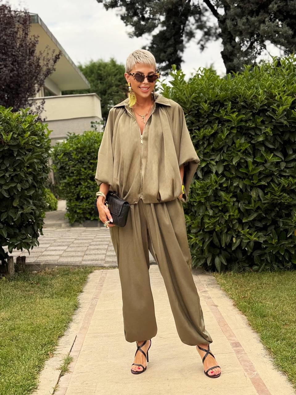 KHAKI SATIN BOMBER JACKET
