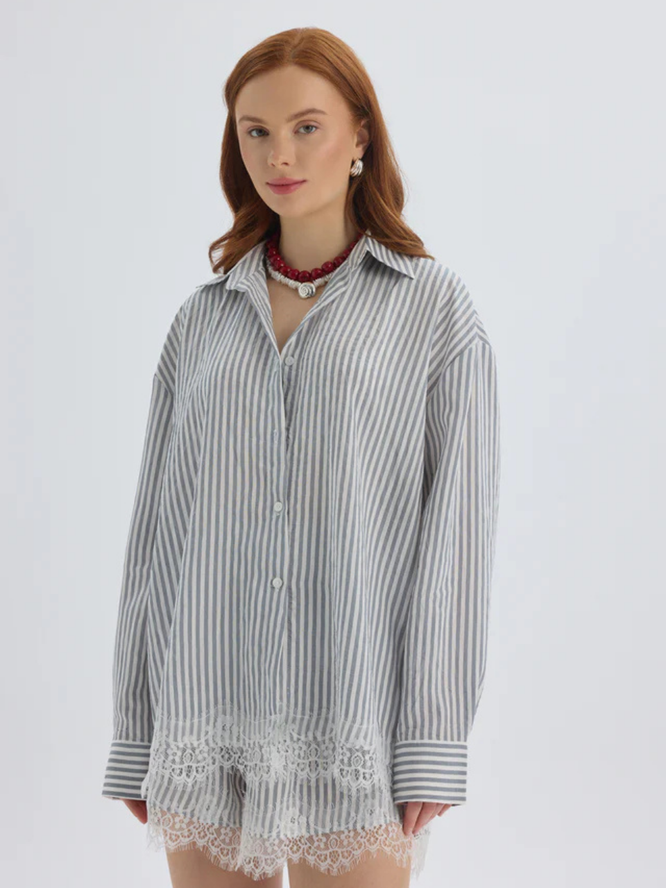 İNDİGO DANTEL DETAY ÇİZGİLİ GÖMLEK ŞORT TAKIM