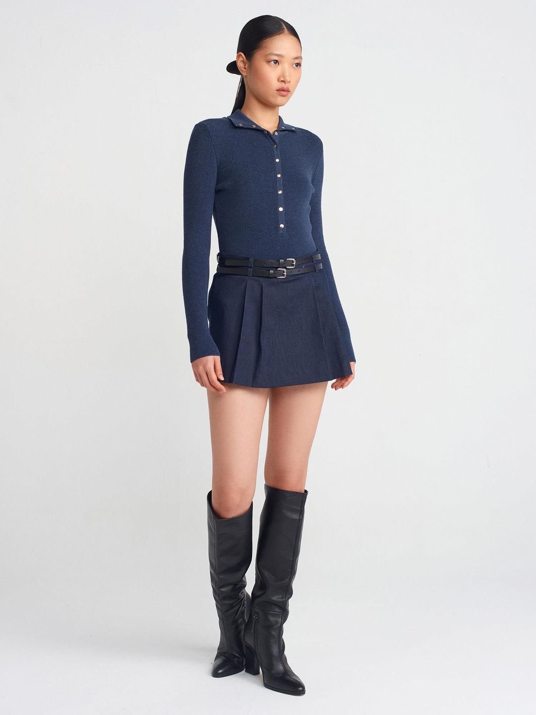 İNDİGO DİK YAKA ÇITÇITLI TRİKO KAZAK