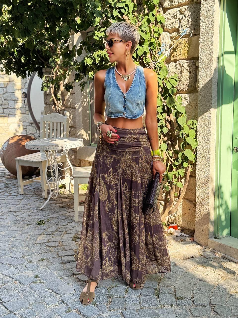 KAHVE BELİ DRAPELİ DESENLİ ŞİFON ETEK