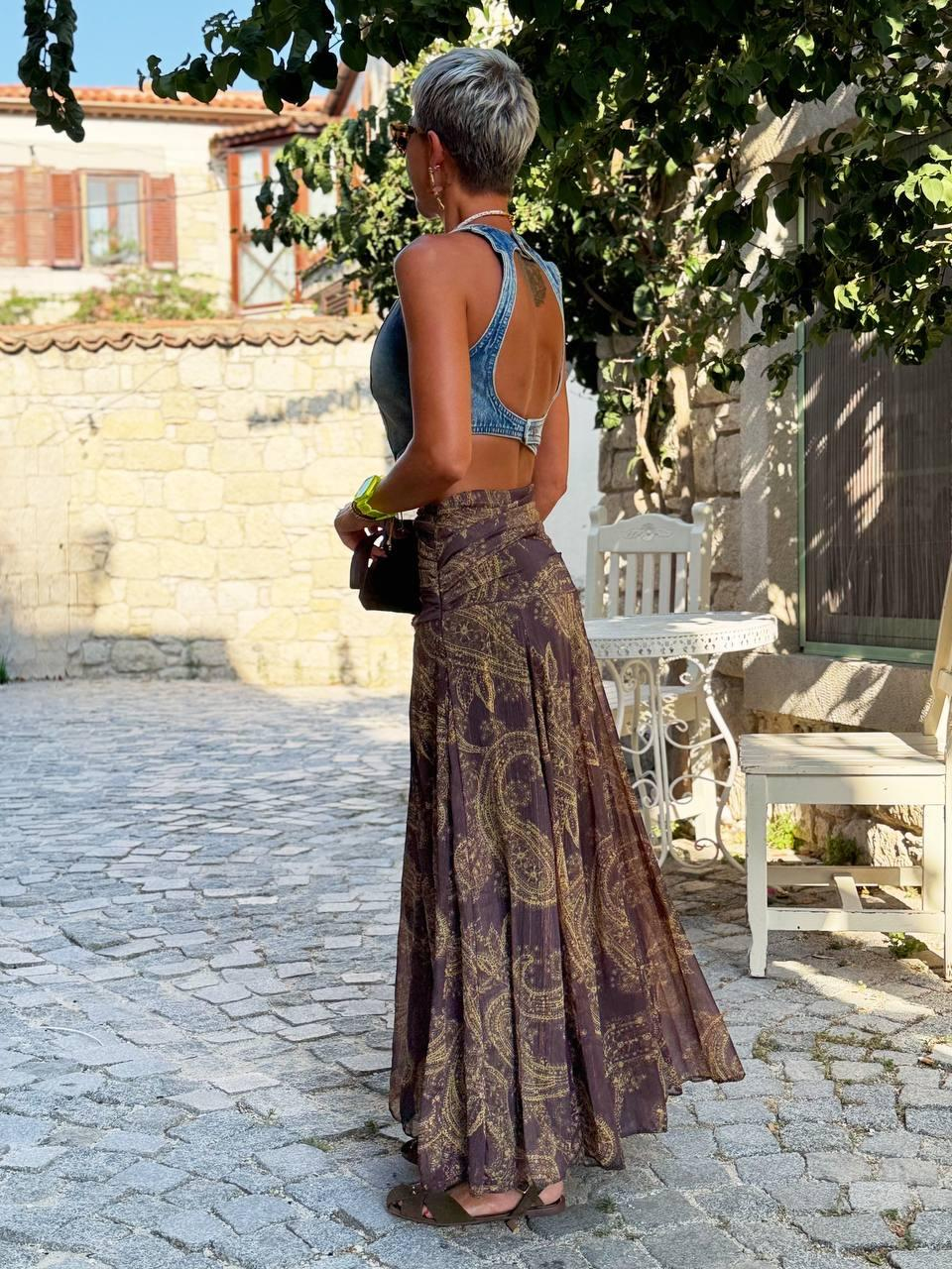 KAHVE BELİ DRAPELİ DESENLİ ŞİFON ETEK