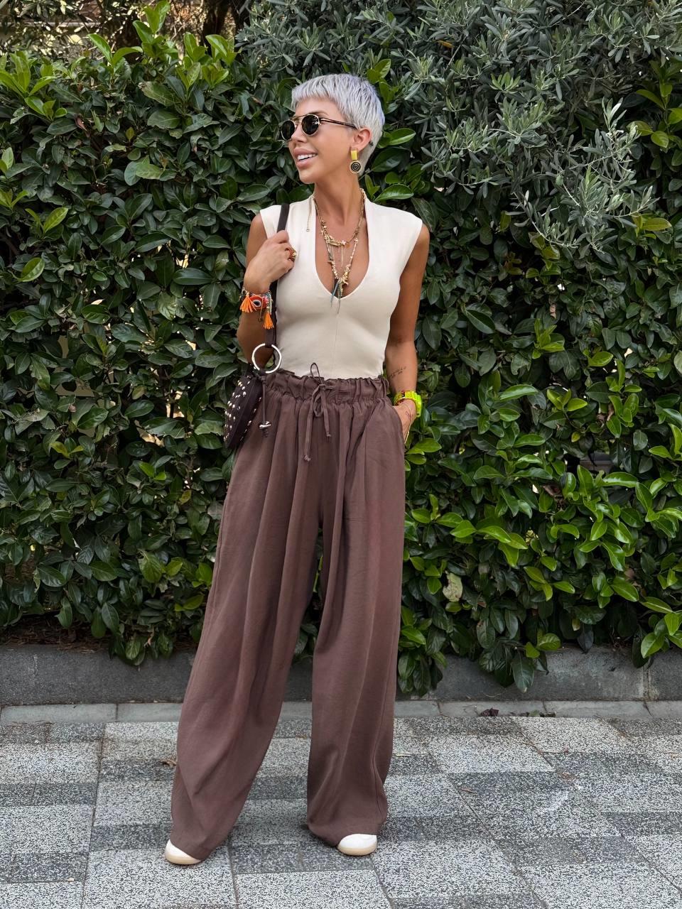 BROWN ELASTIC-WAIST VOILE PANTS