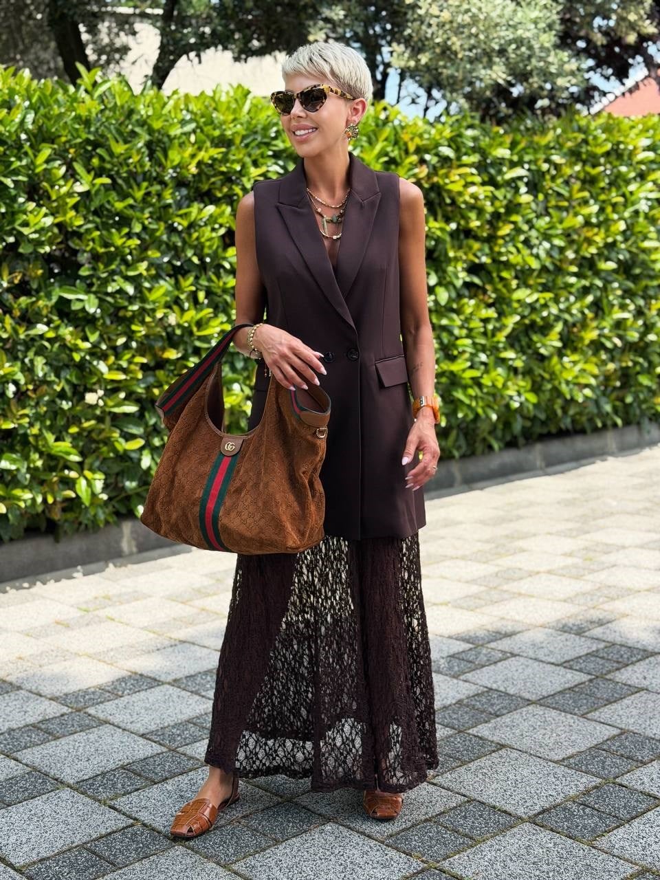 KAHVE DANTEL ETEKLİ BLAZER YELEK ELBİSE