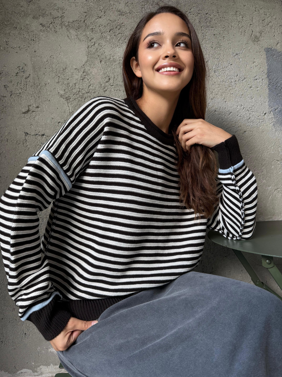 KAHVE EKRU ÇİZGİLİ TRİKO KAZAK