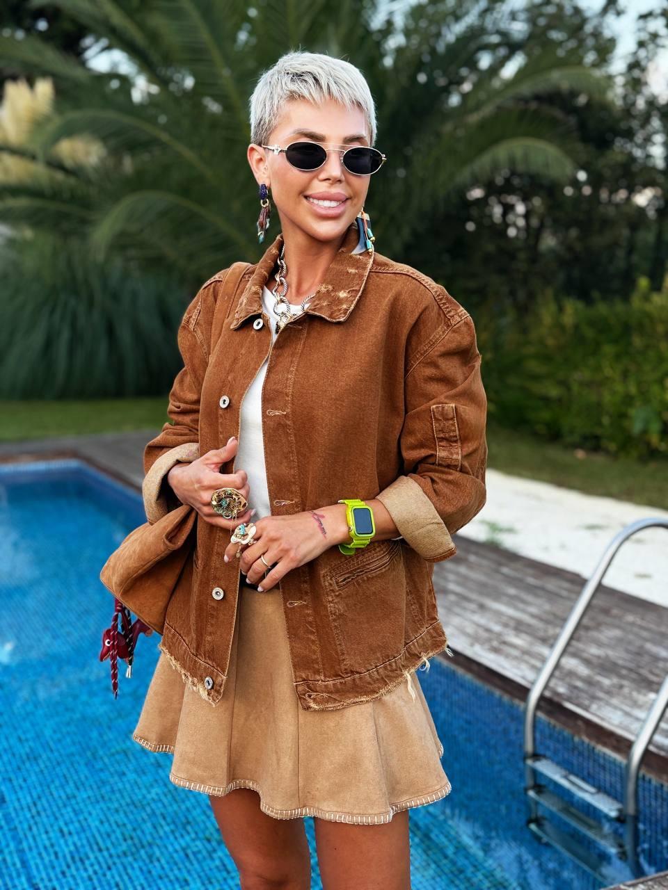 KAHVE ESKİTME DETAY DENIM CEKET 