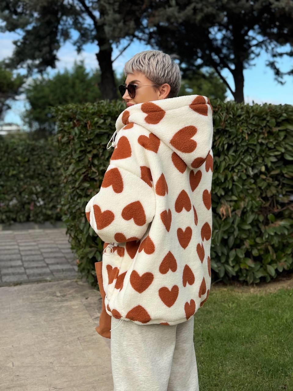 KAHVE KALP DESENLİ PELUŞ CEKET