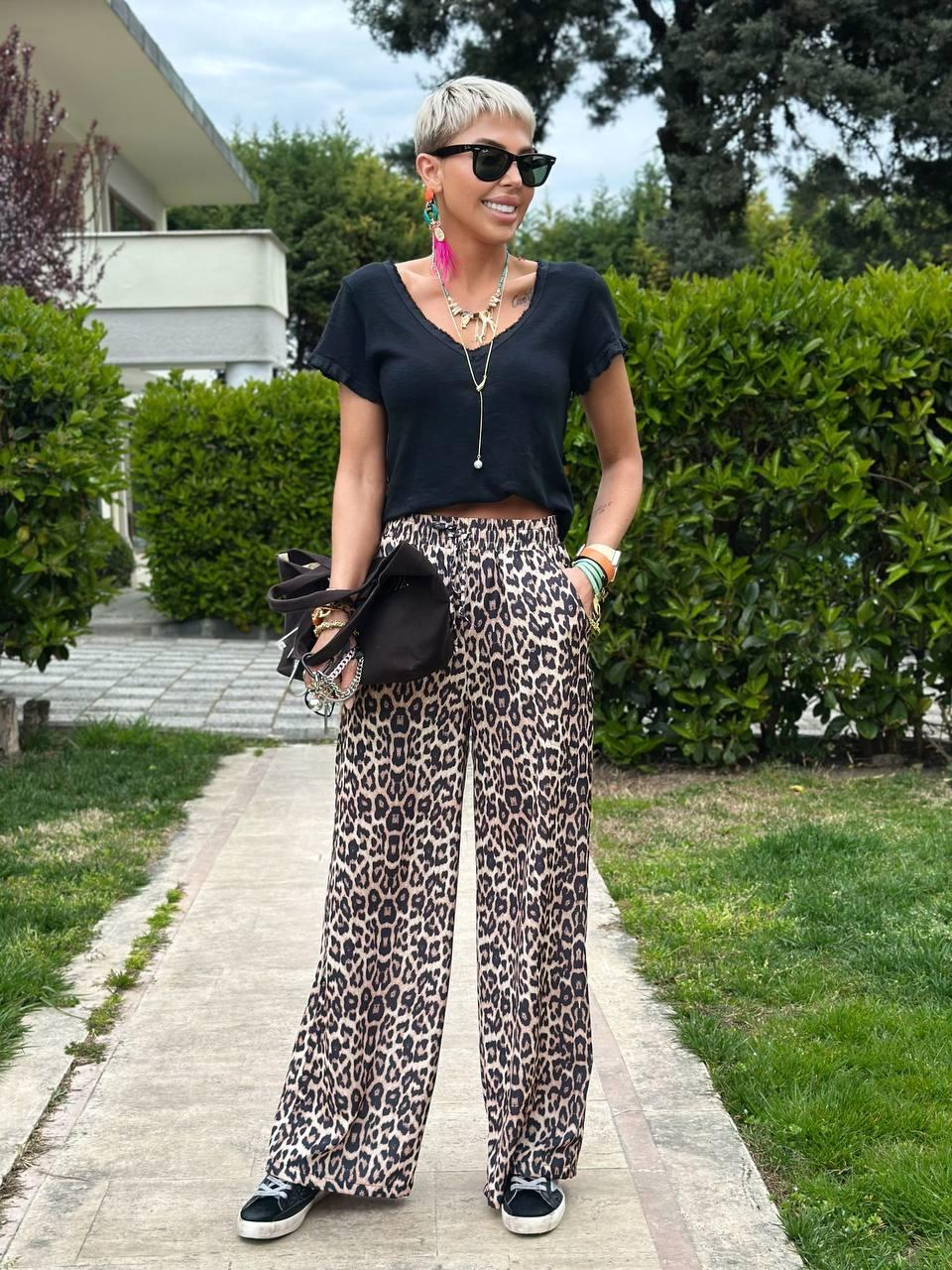 KAHVE LEOPAR DESEN BELİ LASTİKLİ DÖKÜMLÜ PANTOLON