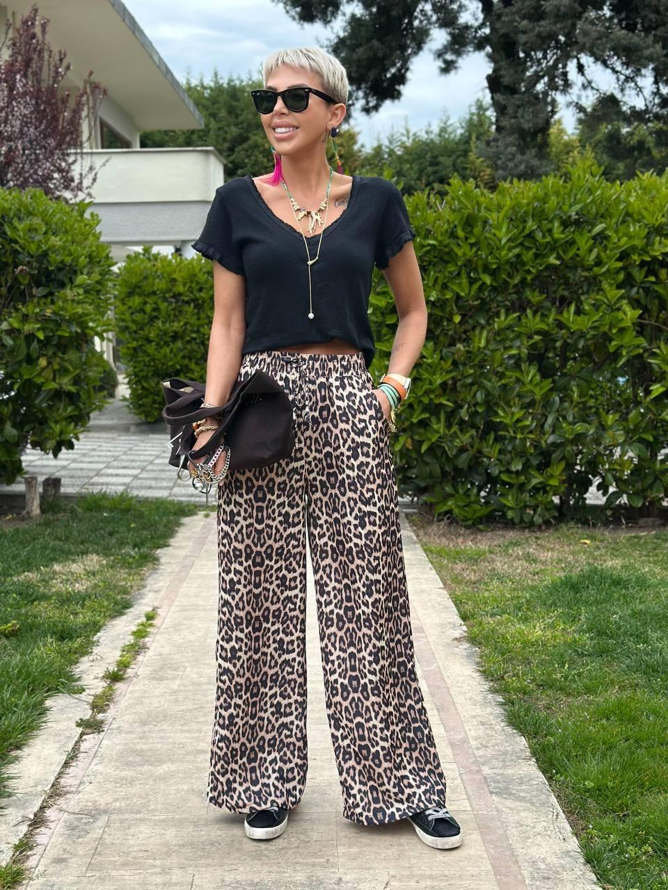 KAHVE LEOPAR DESEN BELİ LASTİKLİ DÖKÜMLÜ PANTOLON