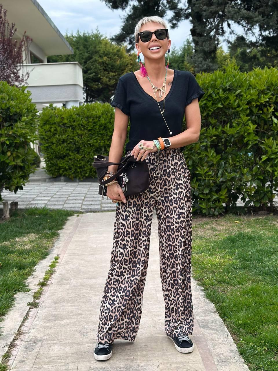KAHVE LEOPAR DESEN BELİ LASTİKLİ DÖKÜMLÜ PANTOLON