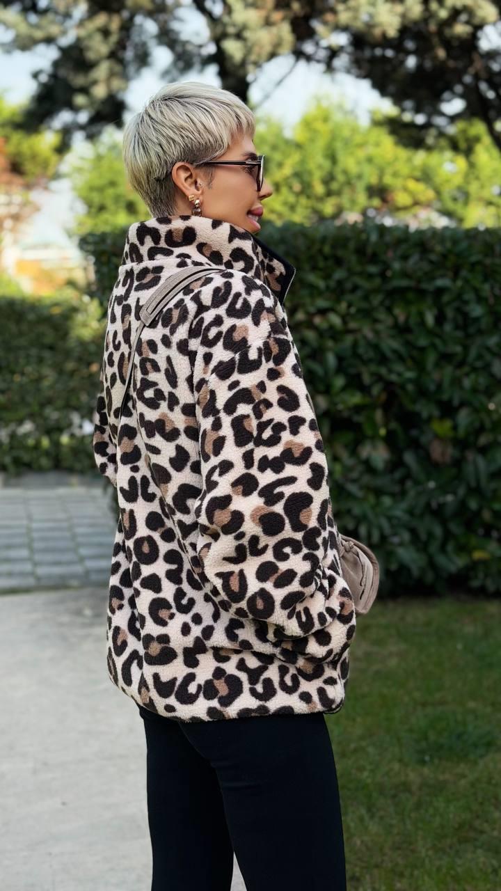 KAHVE LEOPARLI DİK YAKA FERMUARLI POLAR SWEAT
