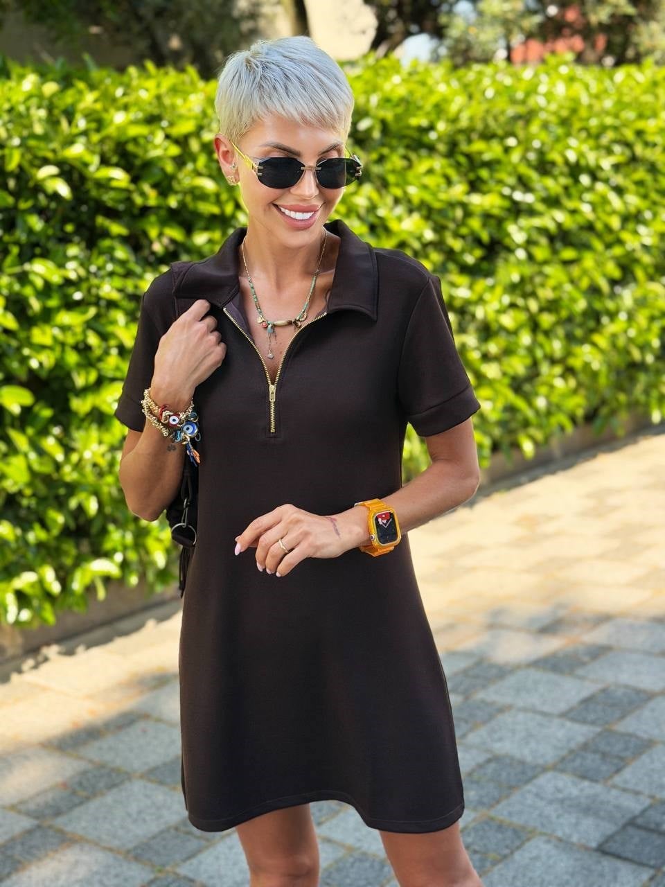 KAHVE POLO YAKA MODAL ELBİSE
