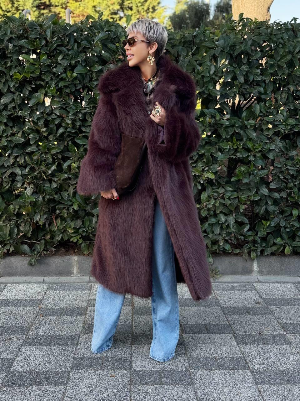 KAHVE YAKALI UZUN KÜRK KABAN