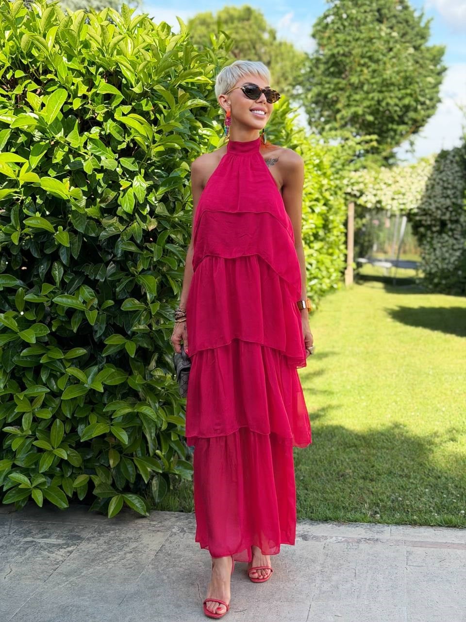 KIRMIZI MAGENTA ASKILI KAT KAT İPEK ELBİSE